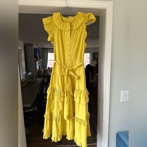 Ulla Johnson yellow ruffle dress with buttons and ribbon tie belt.  Size 10
